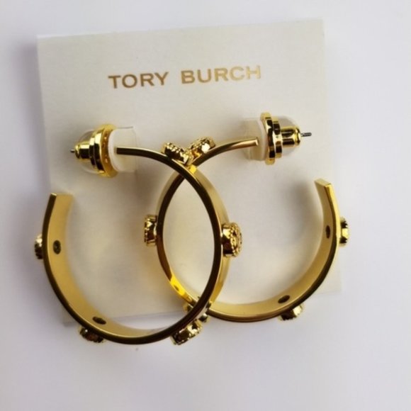 Tory Burch Jewelry - Tory Burch Gold Milgrain Logo Hoop Earrings